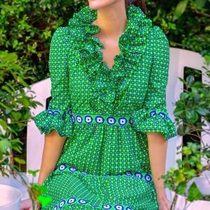 Gretchen Scott Designs Posh Foulard Midi/Maxi blue and green ruffle neck dress
